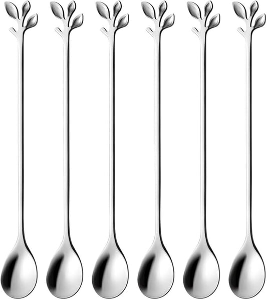 AnSaw 6-Piece Elegant Silver Leaf Long Handle Teaspoons - 7.4" Stainless Steel Stir Spoons for Coffee & Tea, Perfect for Mixing & Stirring by AnSaw
