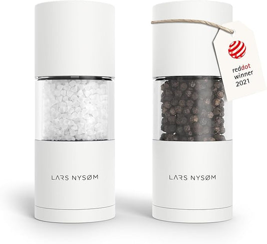 LARS NYSØM Salt and Pepper Grinder Set I Salt and Pepper Mills with Adjustable Ceramic Grinder 2 pieces I Manual Design Spice Mill Set (Pure White) by LN