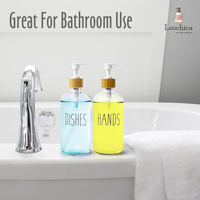 LOOCHICA 2 Pack Clear Glass Soap Dispenser with Plastic Pump, Transparent Dish and Hand Soap Dispenser Set, Refillable Reusable Apothecary Soap Pump Dispenser Bottles for Bathroom and Kitchen - Image 7