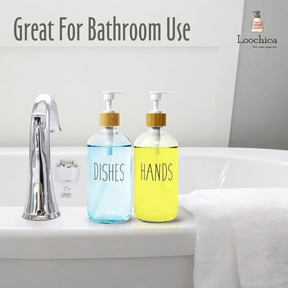 LOOCHICA 2 Pack Clear Glass Soap Dispenser with Plastic Pump, Transparent Dish and Hand Soap Dispenser Set, Refillable Reusable Apothecary Soap Pump Dispenser Bottles for Bathroom and Kitchen - Image 7