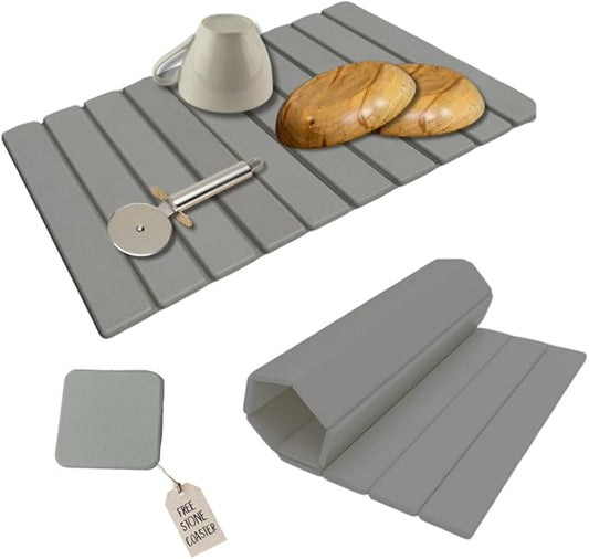 Roll-Up Stone Mat - Premium Diatomaceous Earth Dish Drying Rack, Water Absorbent Roll-Out Dish Drying Mat for Kitchen Countertops, Eco-Friendly, Quick-Dry Surface