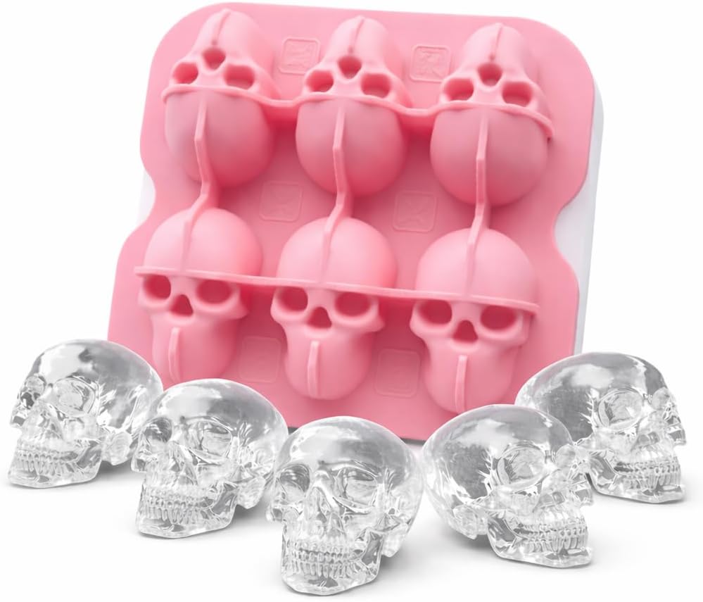 Skull Ice Cube Mold, 6-Cavity Silicone Ice Tray for Whiskey, Cocktails, and Beverages, Food-Grade Flexible Ice Maker for Halloween & Party Drinks, Easy Release & Dishwasher Safe (Pink)
