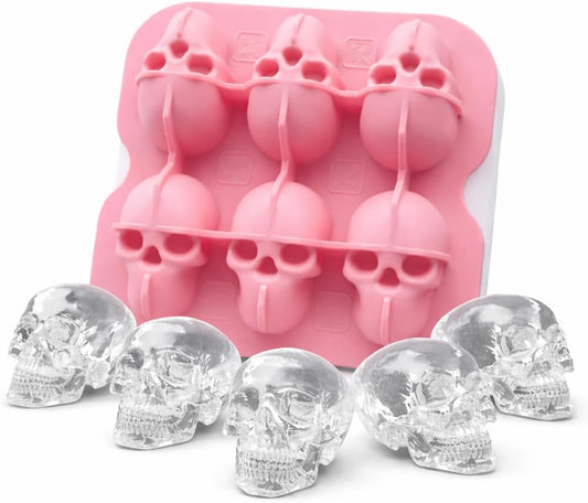 Skull Ice Cube Mold, 6-Cavity Silicone Ice Tray for Whiskey, Cocktails, and Beverages, Food-Grade Flexible Ice Maker for Halloween & Party Drinks, Easy Release & Dishwasher Safe (Pink)