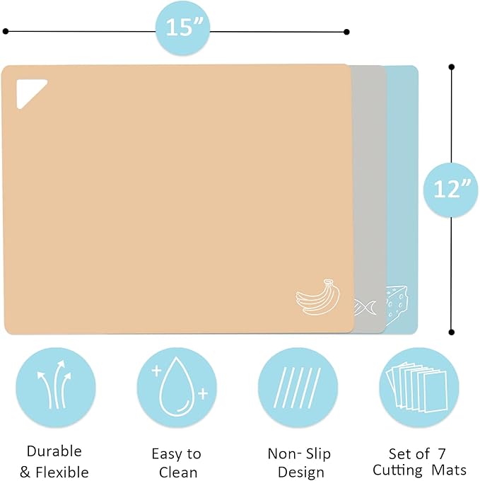 7 Pieces Plastic Flexible Cutting Boards for Kitchen, Non Slip Cutting Mats with Food Icons, Easy-Grip Handles, BPA- Free, 15"x12" - Image 2