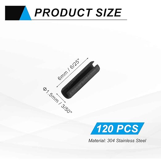 MECCANIXITY 120Pcs Slotted Split Roll Pins 3/50 Inch(1.5mm) Dia. 6/25 Inch(6mm) Length Steel Spring Tension Expansion Dowels for Secure Fastening, Black