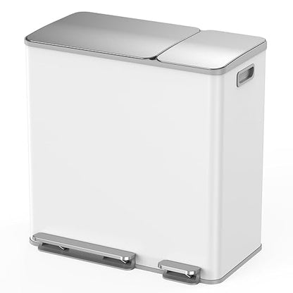 Lovewind Double Trash Can Kitchen, 13+5.5 Gallon Stainless Steel Dual Trash and Recycle Bin Combo with Silent Close Lid, Heavy-Duty Foot Pedal, Easy to Clean Garbage Can for Large Families, White