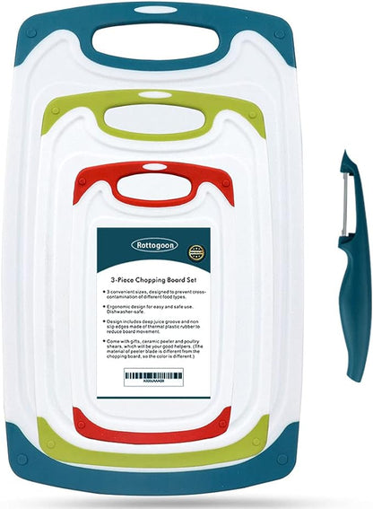 Cutting Boards for Kitchen, Plastic Chopping Board Set of 4 with Non-Slip Feet and Deep Drip Juice Groove, Easy Grip Handle, Dishwasher Safe by ROTTOGOON