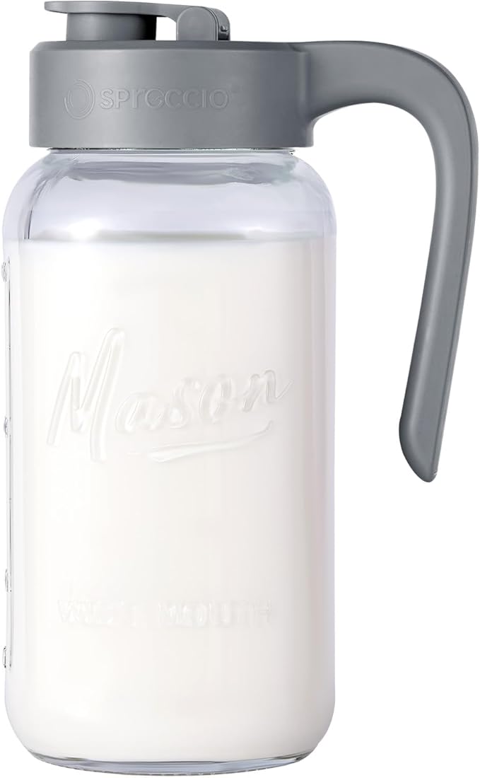 Mason Jar Pitcher - Airtight & Leakproof Glass Pitcher with Lid, Perfect for Breastmilk, Cold Brew, and Sun Tea, 2 Quart (64 oz) Mason Jar with Pour Spout Lid by spreccio