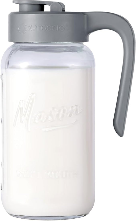 Mason Jar Pitcher - Airtight & Leakproof Glass Pitcher with Lid, Perfect for Breastmilk, Cold Brew, and Sun Tea, 2 Quart (64 oz) Mason Jar with Pour Spout Lid by spreccio