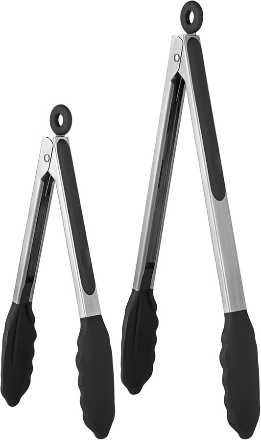600ºF Heat Resistant Kitchen Tongs: U-Taste 9+12 inch Silicone Cooking Tong Set with Firm Sealed Non Stick Rubber Tips and Silicon Coated 18/8 Stainless Steel Handle for Serving Grilling Salad (Black) by U-Taste