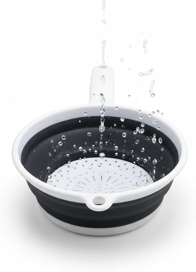 Handy Housewares 8" Round Space Saving Collapsible Silicone Kitchen Colander Food Strainer with Handle - White (1 Pack)