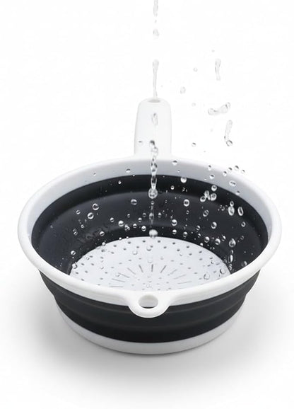 Handy Housewares 8" Round Space Saving Collapsible Silicone Kitchen Colander Food Strainer with Handle - White (2 Pack)