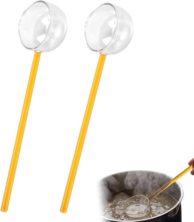 2 Pack 9.65" Heat Glass Ladle, High Temperature Borosilicate Glass Mixing Utensil Ladle With Pourable Mouth Can Be Heated Directly Open Flame for Home Kitchen Restaurant Banquet, Yellow Soup Spoon