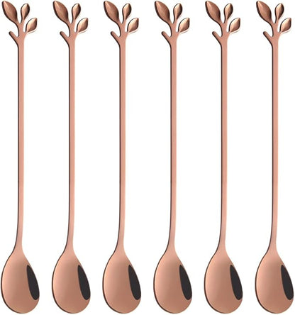 AnSaw 6-Piece Elegant Rose Gold Leaf Long Handle Teaspoons - 7.4" Stainless Steel Stir Spoons for Coffee & Tea, Perfect for Mixing & Stirring by AnSaw