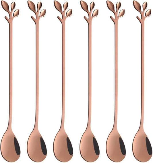AnSaw 6-Piece Elegant Rose Gold Leaf Long Handle Teaspoons - 7.4" Stainless Steel Stir Spoons for Coffee & Tea, Perfect for Mixing & Stirring by AnSaw