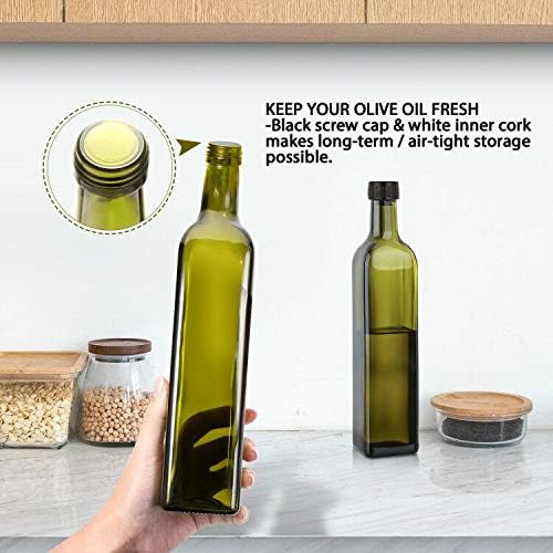 AOZITA 17oz Glass Olive Oil Bottle Dispenser - 500ml Green Oil and Vinegar Cruet with Pourers and Funnel - Olive Oil Carafe Decanter for Kitchen - Image 4