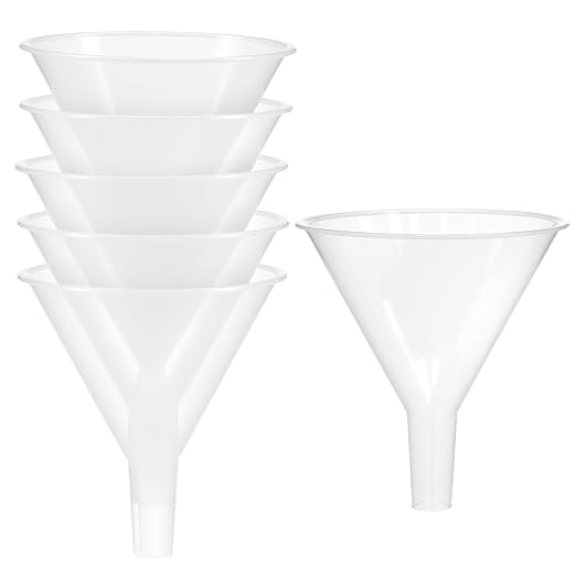 QWORK Plastic Funnels with Long Spout, 6 Pack Clear Wide-Mouth Bottle Filling Set, Stackable Space-Saving for Water, Juice, Paint, Science Lab, Kitchen, Travel by QWORK