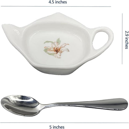 Ceramic Tea Bag Holder Teapot shaped Teabag Coaster Tray 4.5 inches Spoon Rest with Spoon