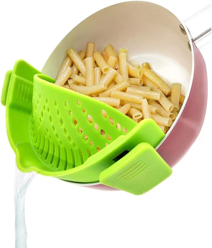YEVIOR Clip on Strainer for Pots Pan Pasta, Silicone Food Strainer Hands-Free Pan Strainer, Clip-on Kitchen Food Strainer for Spaghetti, Pasta, Ground Beef Fits All Bowls and Pots (Green) by YEVIOR