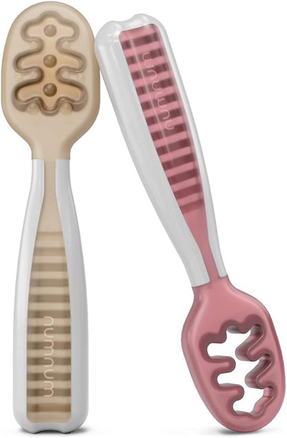 NumNum Baby Spoons Set, Baby Essentials Pre-Spoon GOOtensils for 6+ Months, First Stage Self-Feeding Spoons for Baby Led Weaning (BLW), Silicone Toddler Utensils, BPA-Free, 2 Pack Beige/Mauve by NumNum