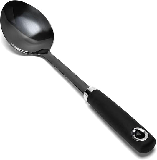 304 Stainless Steel Cooking Spoon, 14 Inch Solid Basting Spoon with Silicone Non-Slip Handle, Heavy Duty Serving Spoon for Stirring, Scooping, Mixing, Serving Soups, Sauces, Rice, Black