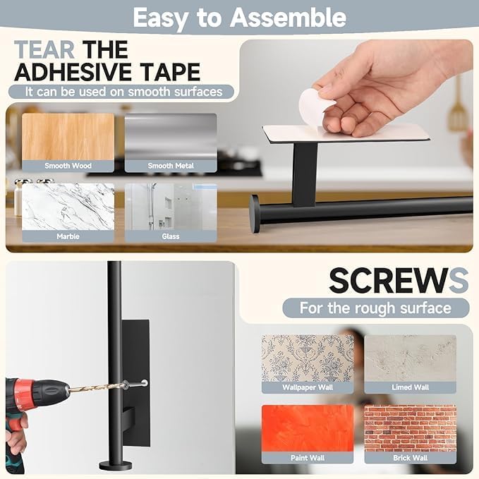 Paper Towel Holder Wall Mount - Self Adhesive No Drill or Drilling, SUS304 Stainless Steel - Kitchen, Bathroom, Sink, Pantry, Fridge(Black) - Image 4