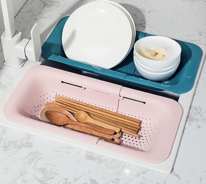 NIWWIN Collapsible Kitchen Colander Strainer, Expandable Over the Sink Colander for Kitchen, Adjustable Silicone Portable Sink Strainer, Foldable Wash Fruits Vegetables Noodle Basket (Pink)