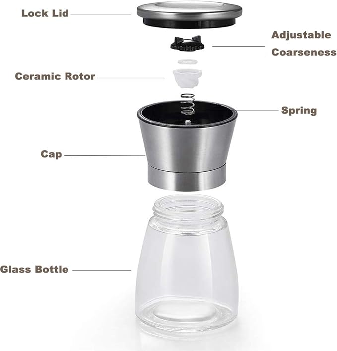 Mincham Manual Salt or Pepper Grinder for Professional Chef, Best Spice Mill with Stainless Steel Cap, Ceramic Blades and Adjustable Coarseness, Refillable Glass Body with 6OZ Capacity - Image 4