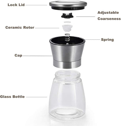 Mincham Manual Salt or Pepper Grinder for Professional Chef, Best Spice Mill with Stainless Steel Cap, Ceramic Blades and Adjustable Coarseness, Refillable Glass Body with 6OZ Capacity - Image 4