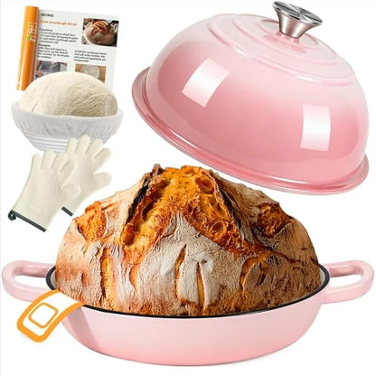 AHJ 6QT Dutch Oven For Bread Baking, Enameled Cast Iron Dutch Oven Pot with Lid, Multi-Functional Bread pan, Sourdough Baking Supplies with Proofing Basket, Cast Iron Bread Oven, Silicone Sling & Gloves. by AHJ