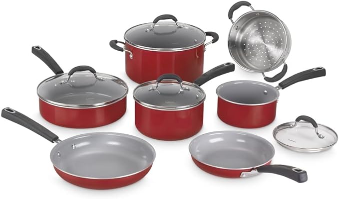 Cuisinart 54C-11R 11-Piece Ceramica XT Nonstick Cookware Set, Red/Stainless Steel by Cuisinart