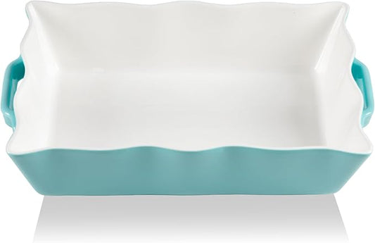 Sweejar Casserole Dishes for Oven, Ceramic 9x13 Baking Dish, Wave Edge Bakeware with Handles, Large Rectangular Lasagna Pan Deep for Roasting, Baking, Cooking, Banquet and Daily Use (Turquoise) by Sweejarco1949