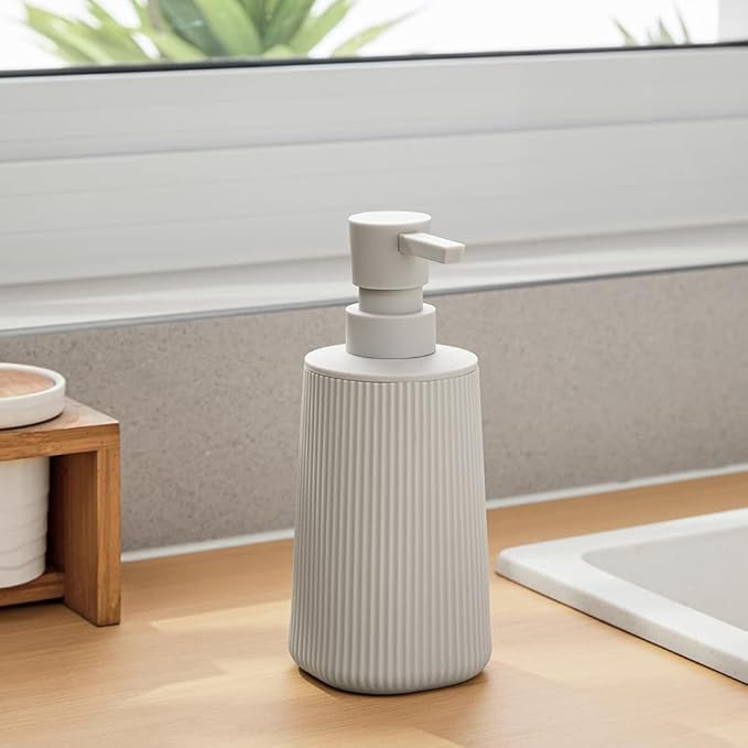 Small Soap Dispenser for Bathroom and Kitchen, Modern Farmhouse Striped Style Plastic Hand Soap Dish Soap Dispenser with Pump Matte Beige - Image 4