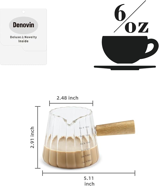 2Pcs Glass Measuring Cup, 6oz Creamer Pitcher with Wood Handle, Creative Milk Frothing Pitcher Creamer Shot Glass (2-Transparent)