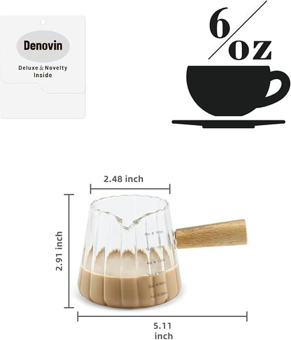2Pcs Glass Measuring Cup, 6oz Creamer Pitcher with Wood Handle, Creative Milk Frothing Pitcher Creamer Shot Glass (2-Transparent)