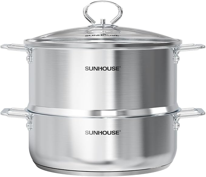 SUNHOUSE 2-Tier Stainless Steel Steamer Pot with Lid - Larger 5.5 QT Steamer & 3.8 QT Stockpot Base - Induction Ready, Compatible with All Cooktops - Multipurpose for Vegetables & Dumplings by SUNHOUSE