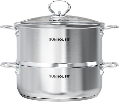 SUNHOUSE 2-Tier Stainless Steel Steamer Pot with Lid - Larger 5.5 QT Steamer & 3.8 QT Stockpot Base - Induction Ready, Compatible with All Cooktops - Multipurpose for Vegetables & Dumplings by SUNHOUSE