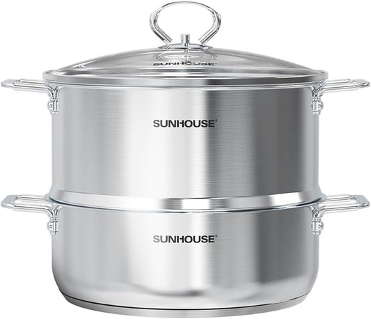 SUNHOUSE 2-Tier Stainless Steel Steamer Pot with Lid - Larger 5.5 QT Steamer & 3.8 QT Stockpot Base - Induction Ready, Compatible with All Cooktops - Multipurpose for Vegetables & Dumplings by SUNHOUSE