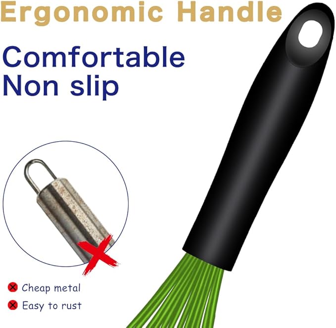 OYV Dishwasher Safe Green Silicone Whisk, Sealed Waterproof Design Set of 3, Professional Kitchen Whisks for Cooking Non-Scratch, Silicone & Stainless Steel Whisk, Heat Resistant Balloon Egg Beater - Image 5
