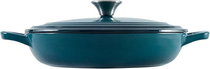 Flavehc Braiser Enameled Cast Iron Braiser 3 qt Braiser Pan with Lid DarkCyan Shallow Cast Iron Casserole Braiser Pan with Handels