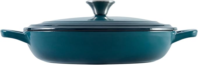 Flavehc Braiser Enameled Cast Iron Braiser 2.25 qt Braiser Pan with Lid DarkCyan Shallow Cast Iron Casserole Braiser Pan with Handels