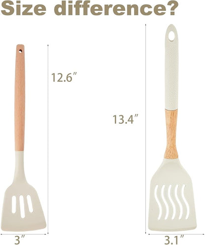 Kitchen Utensils Set - 7 PCS Non-Stick Silicone Cooking Utensils Set Spatula Set with Holder, Wooden Handle Spoon,Tongs,Whisk Kitchen Gadgets Tools Set for Nonstick Cookware (Cream White-7Max) - Image 7
