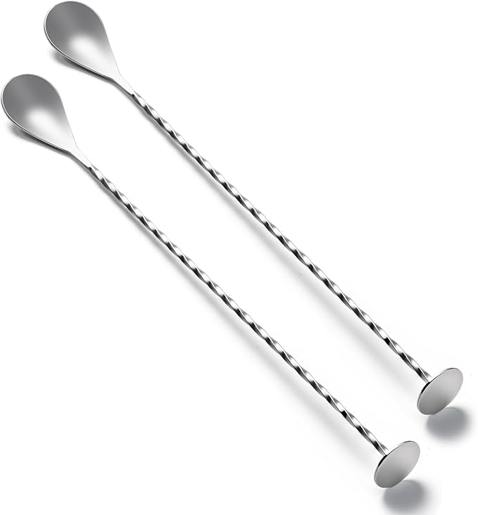 BRIOUT 2 Pcs Bar Spoon, 12 Inches Long Handle Drink Stirrer, Stainless Steel Bar Cocktail Mixing Spoons with Round Base for Stirring, Silver by Briout