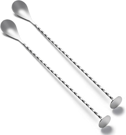 BRIOUT 2 Pcs Bar Spoon, 12 Inches Long Handle Drink Stirrer, Stainless Steel Bar Cocktail Mixing Spoons with Round Base for Stirring, Silver by Briout
