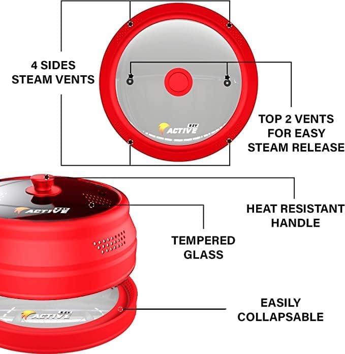 Collapsible Microwave Cover for Food - Silicone and Glass Splatter Guard Lid for 6-12 inch Plates & Bowls, Dishwasher Safe, Heat Resistant, BPA-Free, (Red). - Image 3