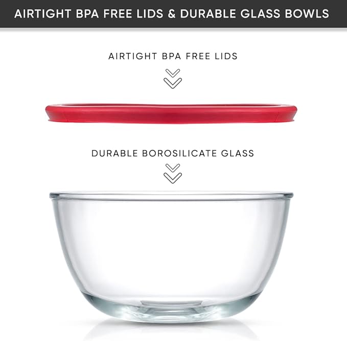 JoyJolt Kitchen Mixing Bowls - 8pc Glass with Lids Set – Neat Nesting Large Bowl Batter Cooking Storage and Big Salad BPA-Free Red - Image 3