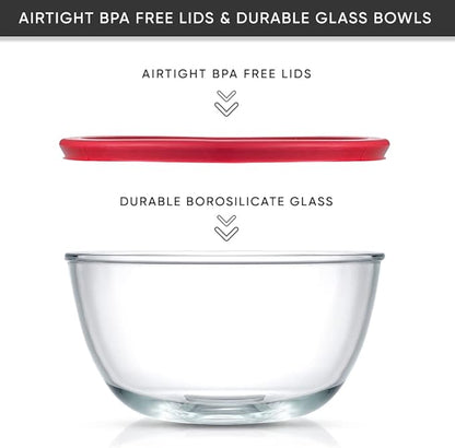 JoyJolt Kitchen Mixing Bowls - 8pc Glass with Lids Set – Neat Nesting Large Bowl Batter Cooking Storage and Big Salad BPA-Free Red - Image 3