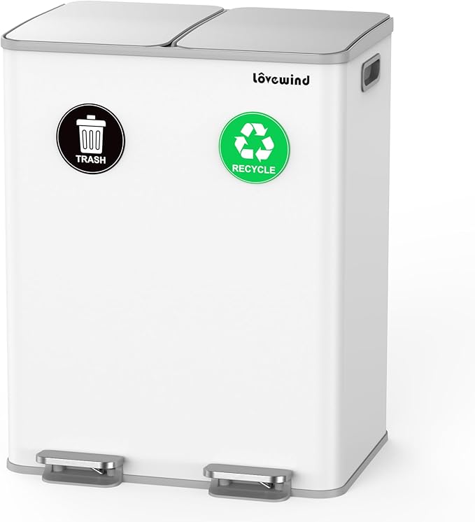 Lovewind Kitchen Trash Can, 2 x 8 Gallon (2 x 30 L) Stainless Steel Trash and Recycle Bin Combo with Soft-Close Lid, Dual Compartment Recycling Kitchen Step Trash Bin, White by LOVEWIND