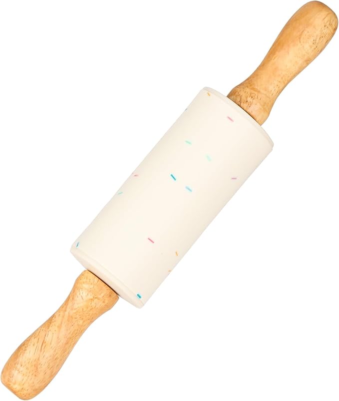 Mini Silicone Rolling Pin for Kids, Non-stick Surface Wood Handle, 9 Inch 1 Pack White Candy Granules by Honglida