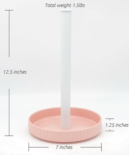 VROOMIUM Paper Towel Holder Countertop, Ceramic Base Easy-to-Clean, 1.5 lbs, 7" B x 12.5" H, Stable Elegant and Durable Kitchen Roll Stand, Cute Pink